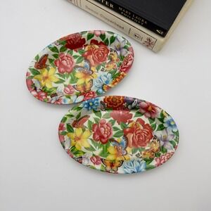 Vintage Floral Butterfly Plastic Small Oval Trinket Trays Set of 2 Catchall Dish